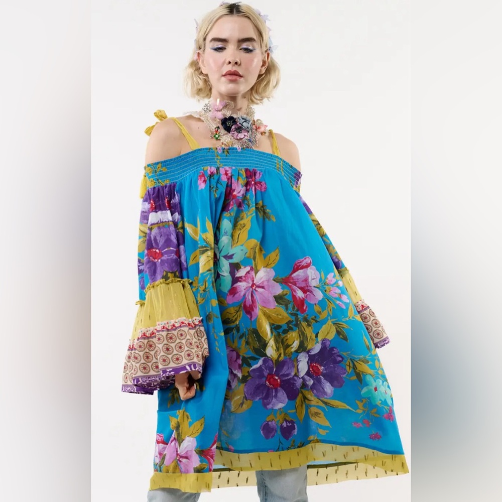 Aratta Blue Floral Off-Shoulder Mini Dress with Yellow Accents